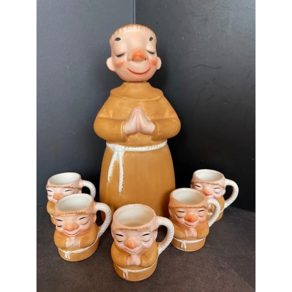 Vintage Praying Friar Monk Ceramic Decanter and 5 Shot Glass Mugs Set Tan